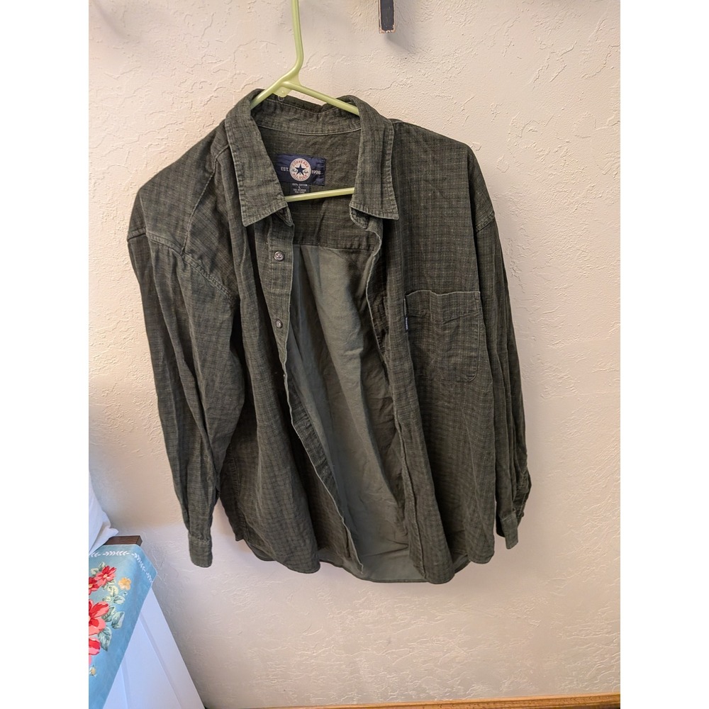 Converse All Star Mens Large Corduroy Button Down Shirt Olive Green Long Sleeve